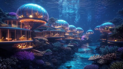 An underwater city illuminated by bioluminescent flora and fauna, with domed habitats and coral skyscrapers. - obrazy, fototapety, plakaty