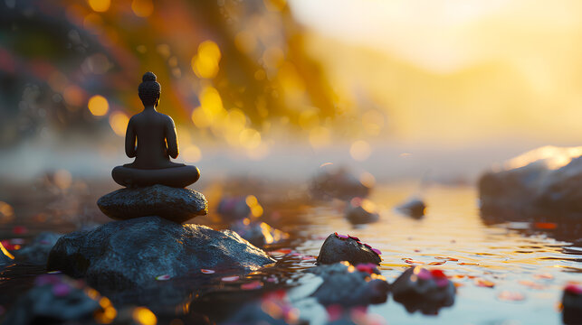 A sitting and meditating Buddha figure on a rock by a small river - Format 16:9
