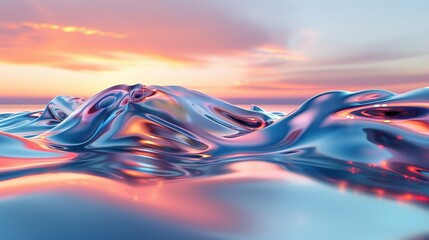 An abstract 3D landscape where metallic fluid forms undulate and merge in an endless sea under a gradient sky.
