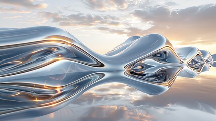 An abstract 3D landscape where metallic fluid forms undulate and merge in an endless sea under a gradient sky. - obrazy, fototapety, plakaty