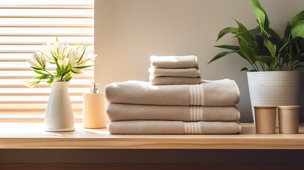 Fototapeta na wymiar Soft towels and fresh flowers on a wooden shelf, perfect for wellness and spa promotions,