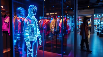 A holographic mannequin displays the latest fashion trends enticing shoppers to try on the outfits virtually before purchasing. - obrazy, fototapety, plakaty