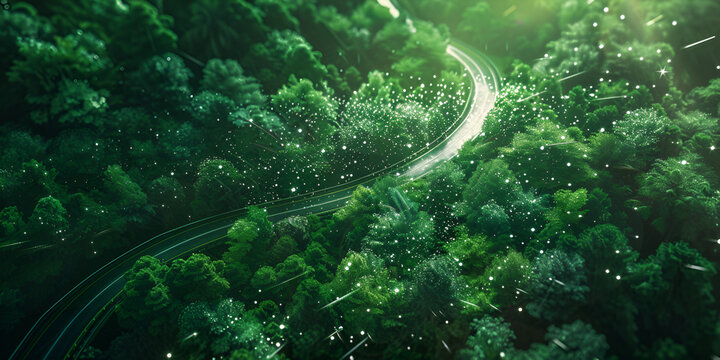 Top view asphalt road and green forest forest road going through Green forest view