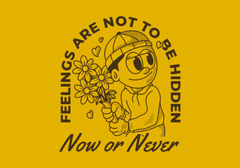 Now or never. Retro illustration of a beanie guy holding a flower