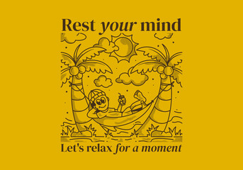 Rest your mind, let's relax for a moment. illustration of a guy hanging on the hammock