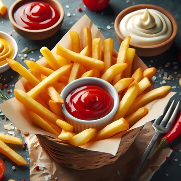 French fries with ketchup and mayonnaise on a dark background. Generative AI