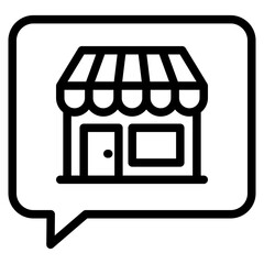 market talk, speech bubble with store building icon