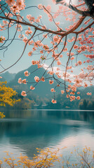 Asian garden with Sakura trees and pond. Landscape with cherry blossom falling in lake with bokeh light. Springtime fine art background.