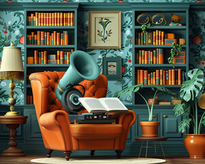 A characterful gramophone with limbs sitting comfortably on a living room armchair turns the pages of a large illustrated book with intrigue - obrazy, fototapety, plakaty