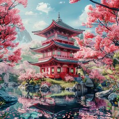 Beautiful Japanese temple in spring