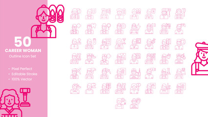 Set of 50 Outline Icons Related to Career Woman. Pixel Perfect Icon. Outline Icon Collection. Fully Editable. Vector Illustration.