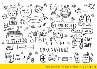  Vector illustration fight covid-19 corona virus, prevention washing hands vector illustration, Survived Virus Protection Cartoon, Doodle cute for covid-19,How to wear a covering and inhibit covid-19.