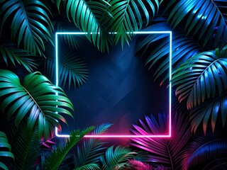 Fototapeta na wymiar Neon frame with tropical leaves on dark background.