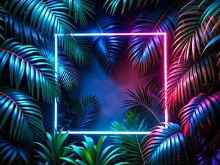Obraz na płótnie Canvas Neon frame with tropical leaves on dark background.