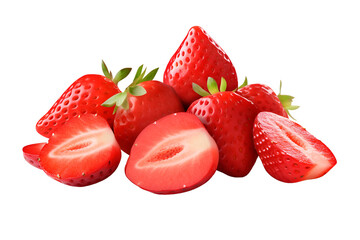 Pile of strawberry fruit with half slices isolated on transparent background.