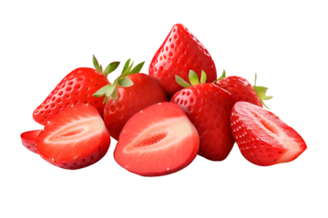 Pile of strawberry fruit with half slices isolated on transparent background.