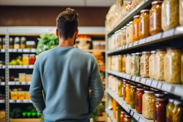A shopper carefully selecting gluten-free and organic produce from the shelves, adhering to New Food Restrictions for a healthier lifestyle, with FDA-approved labels visible 