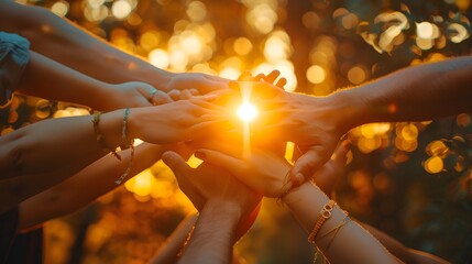 Hands Uniting in a Group at Sunset in the Enchanting Realms Style - obrazy, fototapety, plakaty