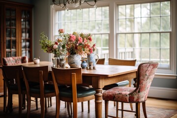 An eclectic mix of dining chairs around a vintage wooden table in a New England Eclectic dining room, showcasing the unique personality of the space