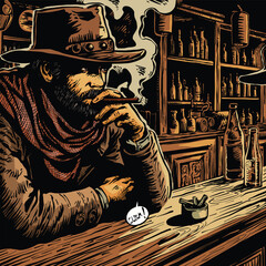 Cowboy in a bar smoking a cigarette looking badass vector graphics for decoration colors