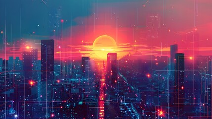 Futuristic Digital Economy: Silhouette of building in Virtual Cyber Technology, Virtual Technology Landscape Cyber Futurism Silhouette Background