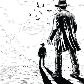 A duel between two cowboys during the sunset vector art