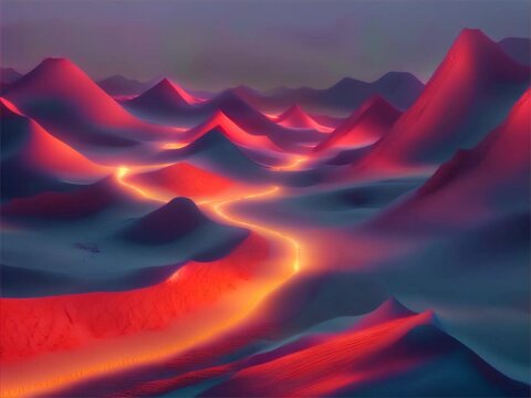 Minimalist desert landscapes illuminated by futuristic neon with ornamental Arabic sand sculptures	
