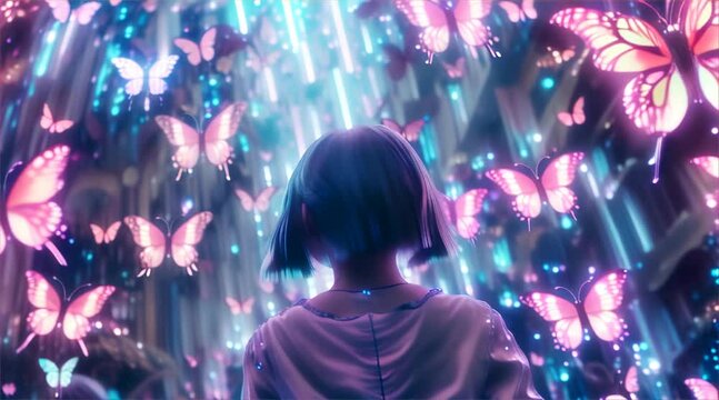 Cyberpunk world with lo fi soundscape led by neon butterflies	
