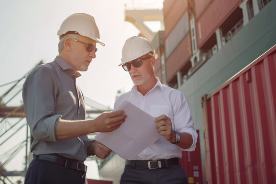 Two engineering professionals in hard hats are examining a blueprint together