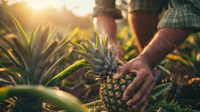 Farmers harvest pineapples on a pineapple farm.