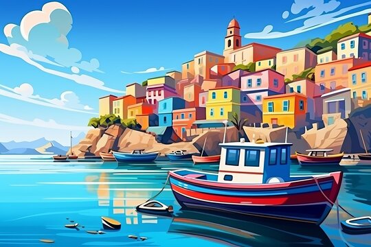 A painting featuring a colorful fishing boat sailing in the water of a charming seaside village. The vibrant colors of the boat and the surrounding scenery are depicted with meticulous detail