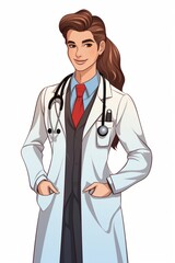 A cartoon doctor wearing a white coat and stethoscope is depicted standing with hands confidently placed on his hips