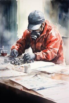 A painting depicting a man wearing a gas mask engrossed in playing chess. The man is focused on his next move, sitting in a tense atmosphere