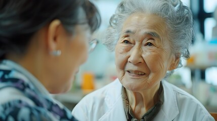 Fototapeta na wymiar Asian Female Doctor in Medical Conversation with Elderly Woman in Nursing Home