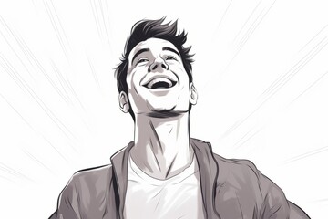A drawing of a man throwing his head back in laughter, with a joyful expression on his face as he looks up