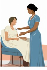 Obraz premium A nurse is checking the temperature of a woman. The nurse is holding a thermometer close to the womans forehead, monitoring her health
