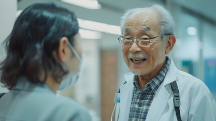Fototapeta premium Experienced Mentorship: Smiling Senior Asian Doctor in Hospital Conversation, Asian Senior Doctor Wisdom and Professionalism in Healthcare Mentorship
