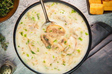 Middle Eastern creamy mushroom soup. A warm bowl of delicious creamy soup with tender bites of mushroom pieces. Served with crispy croutons.
