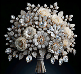 A bouquet of flowers along with diamonds in black background 
