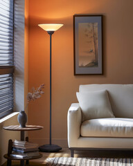 Cozy interiors composition of a room corner with a floor lamp, a sofa and natural light