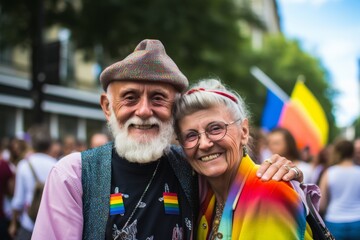 
Photo an elderly LGBTQ+ couple, aged 75 and 65, showing solidarity at a demonstration for marriage equality