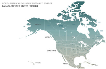 USA, Canada, Mexico border map.
North America countries vector map.