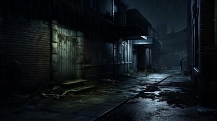 an urban alleyway at night, portrayed on a dark wall, with moody lighting casting shadows on...