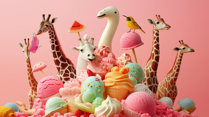 Tiere essen Eiscreme skurril lustig f&uuml;r Gru&szlig;karte Kartenmotiv mit Sommermotiv Generative AI