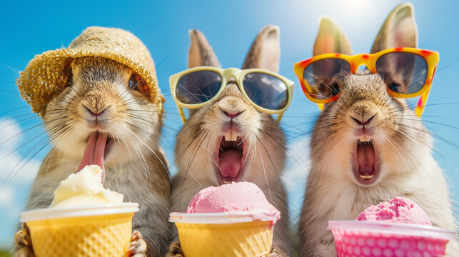 Tiere essen Eiscreme skurril lustig f&uuml;r Gru&szlig;karte Kartenmotiv mit Sommermotiv Generative AI