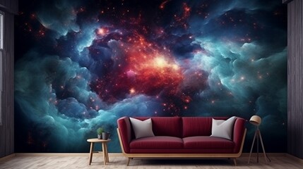 a celestial-inspired nebula wall, capturing the cosmic beauty of swirling gases and stars in a captivating display