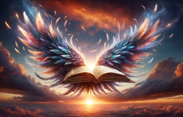 a magical open book with wings soaring through the sky