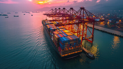 Container ship terminal carrying container boxes, global logistics network, cargo ship, shipping container, international trade, towering cranes ready for unloading, supply chain, goods across the sea - obrazy, fototapety, plakaty