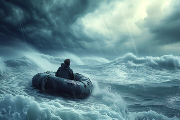 Shipwrecked man sits in rubber dinghy during severe weather condition. Rain lashes down man driven sideways by howling wind soaking to bone - obrazy, fototapety, plakaty