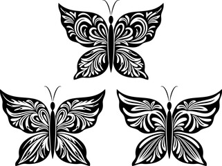 Set Butterflies Black Silhouettes with a Floral Pattern on White Background. Vector